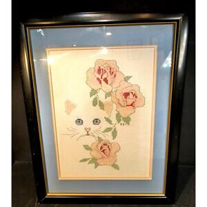 1572.  Finished and Framed Cross Stitch Art Cat with Roses